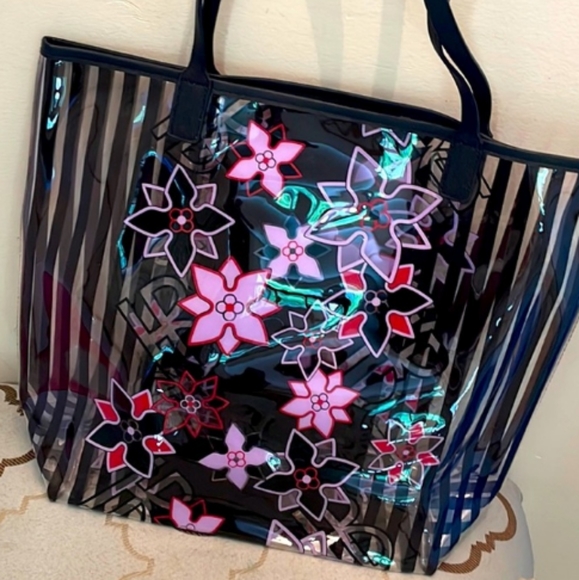 🌸 Henri Bendel Pink Floral PVC Striped/Clear Tote Bag NWOT! - Picture 8 of 11